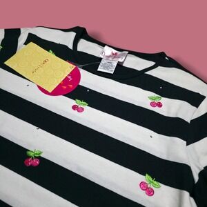 Quacker Factory Embroidered Cherry Striped Shirt Womens Large Black White New